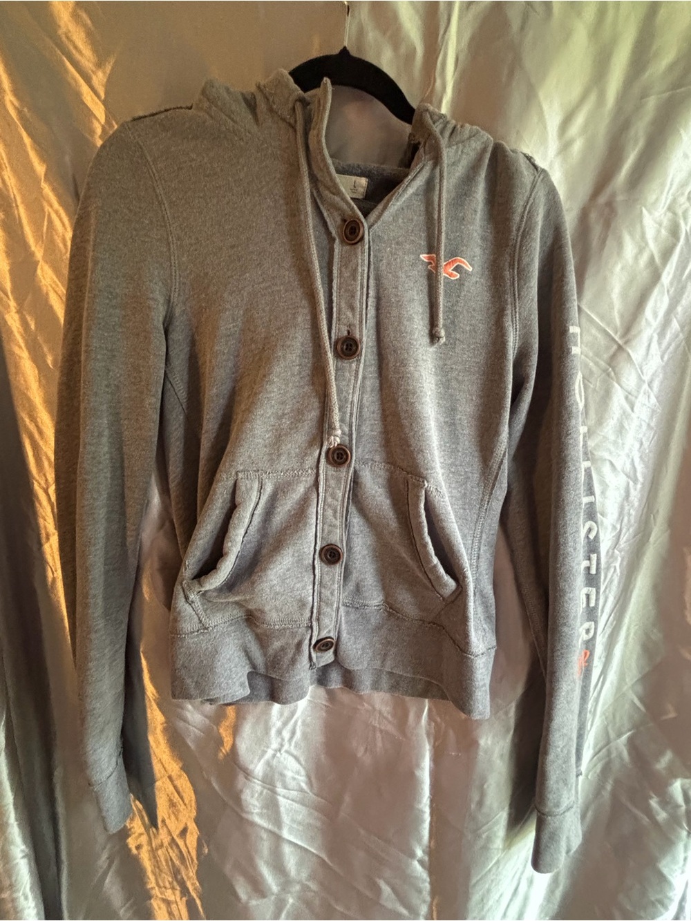 Y2K Vintage Hollister Gray Button-Up Hoodie with Logo Size Large